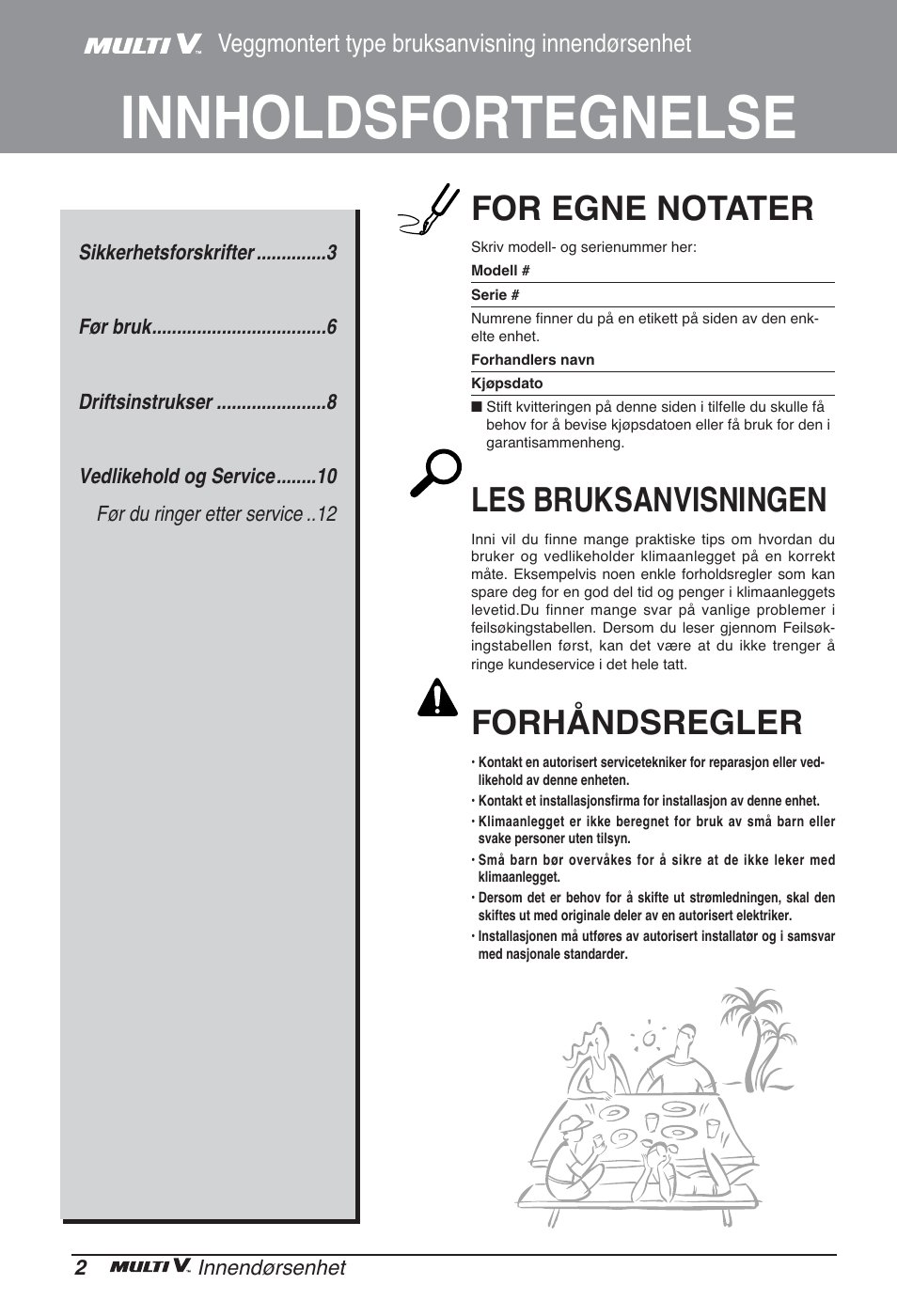 Innholdsfortegnelse, For egne notater, Les bruksanvisningen | Forhåndsregler, Veggmontert type bruksanvisning innendørsenhet | LG ARNU24GSCL2 User Manual | Page 194 / 229