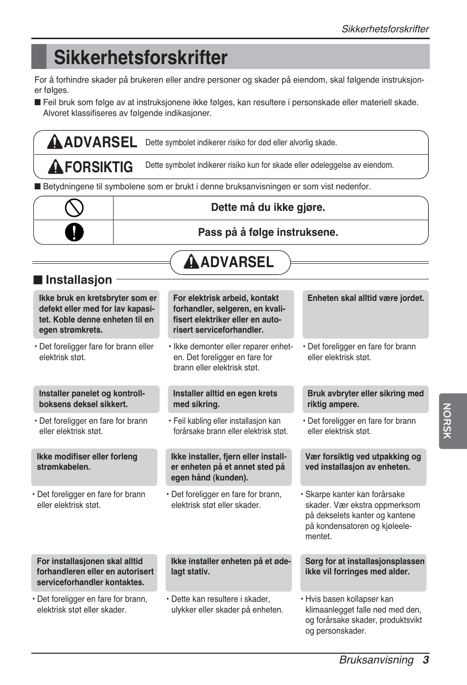 Sikkerhetsforskrifter, Advarsel forsiktig, Advarsel | N installasjon | LG ARNU24GSCL2 User Manual | Page 195 / 229