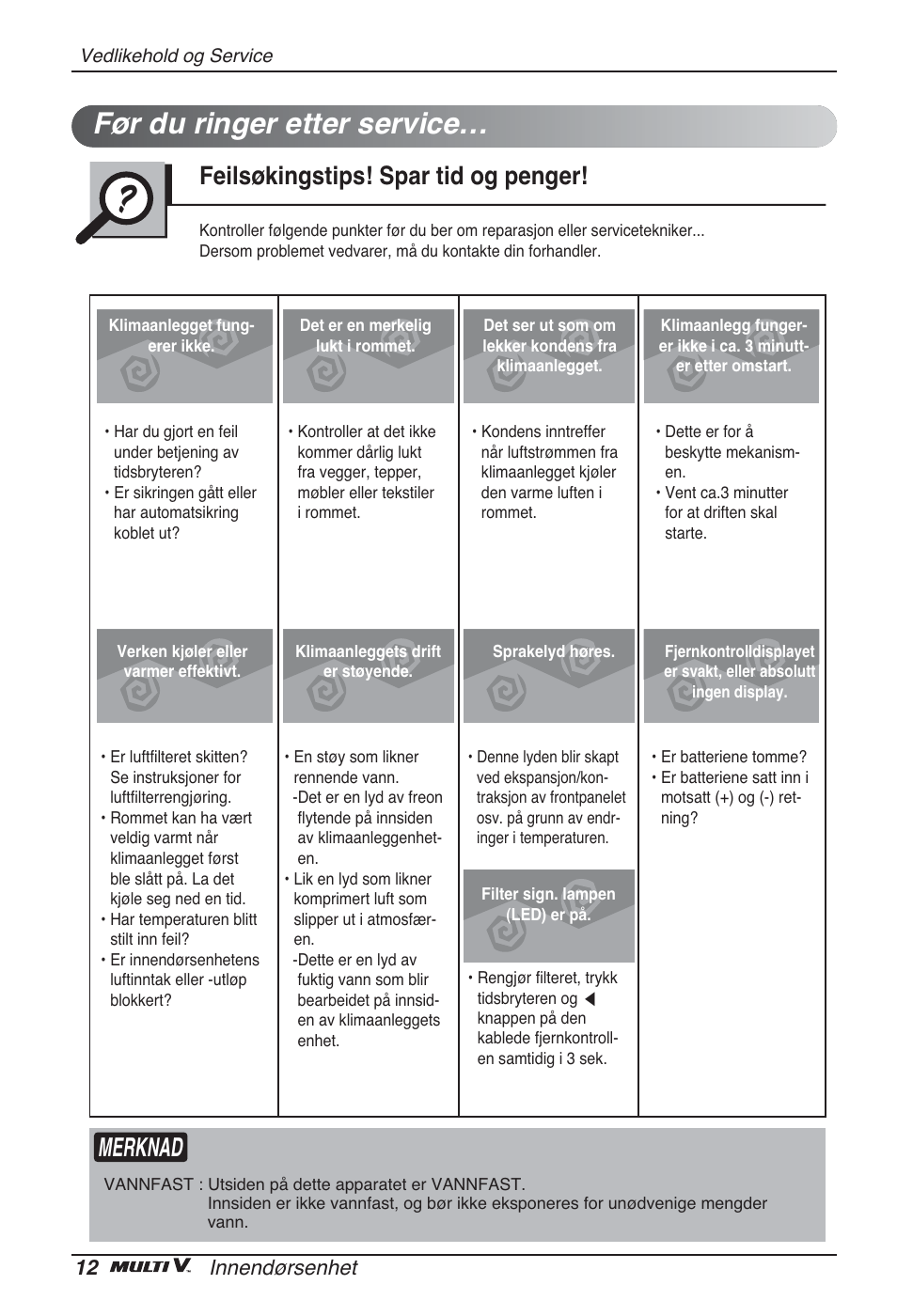 Før du ringer etter service, Merknad, Feilsøkingstips! spar tid og penger | 12 innendørsenhet | LG ARNU24GSCL2 User Manual | Page 204 / 229