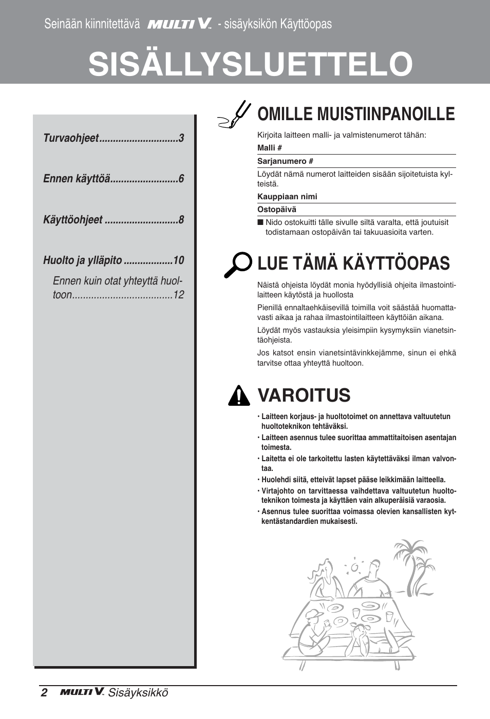 Sisällysluettelo, Omille muistiinpanoille, Lue tämä käyttöopas | Varoitus, Seinään kiinnitettävä - sisäyksikön käyttöopas | LG ARNU24GSCL2 User Manual | Page 206 / 229