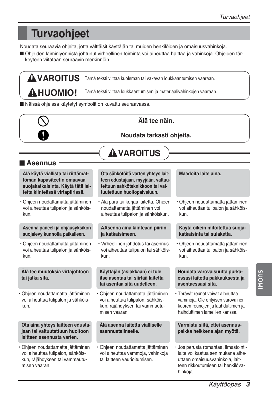Turvaohjeet, Varoitus huomio, Varoitus | N asennus | LG ARNU24GSCL2 User Manual | Page 207 / 229
