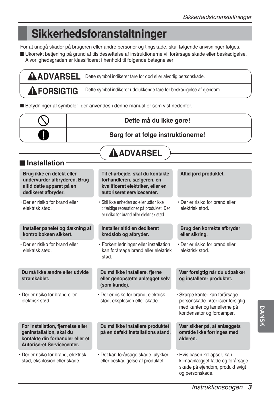 Sikkerhedsforanstaltninger, Advarsel forsigtig, Advarsel | N installation | LG ARNU24GSCL2 User Manual | Page 219 / 229