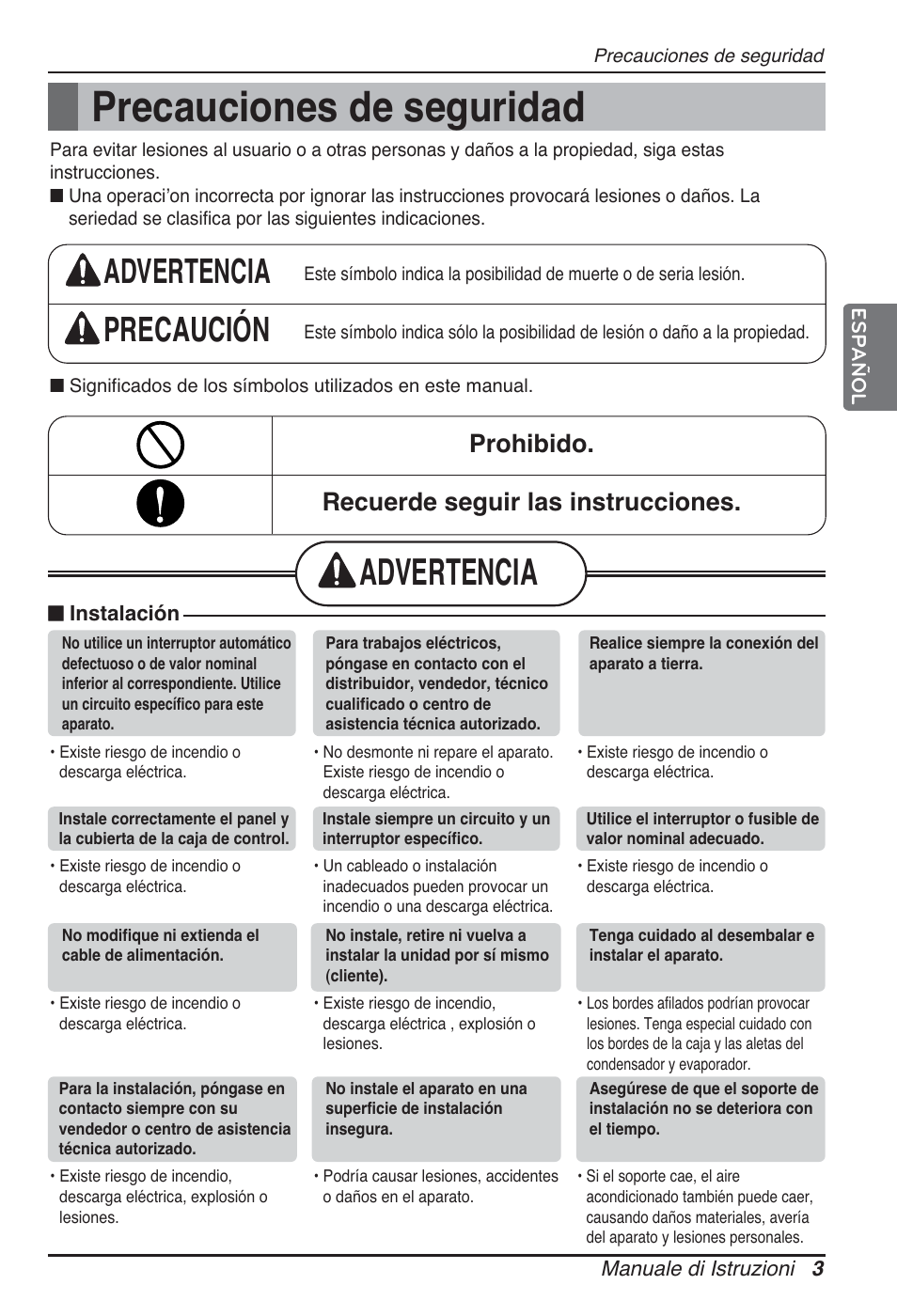 Precauciones de seguridad, Advertencia, Advertencia precaución | Prohibido. recuerde seguir las instrucciones | LG ARNU24GSCL2 User Manual | Page 27 / 229