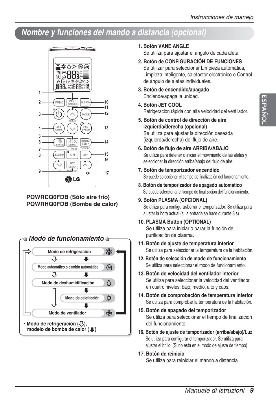 Modo de funcionamiento, Manuale di istruzioni 9 español | LG ARNU24GSCL2 User Manual | Page 33 / 229