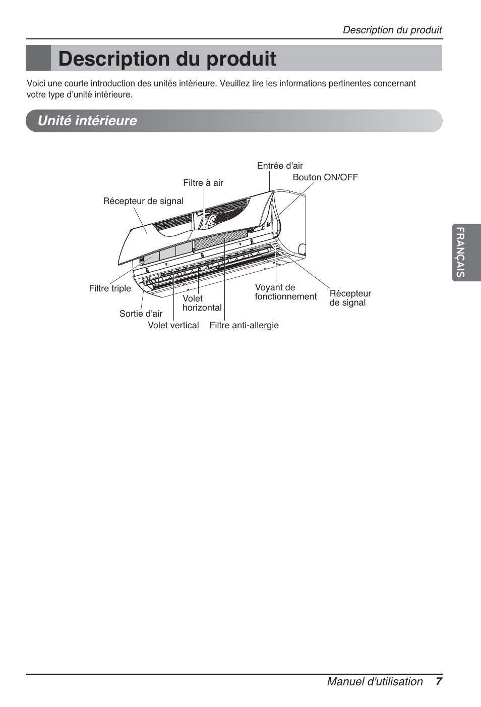 Description du produit, Unité intérieure | LG ARNU24GSCL2 User Manual | Page 43 / 229