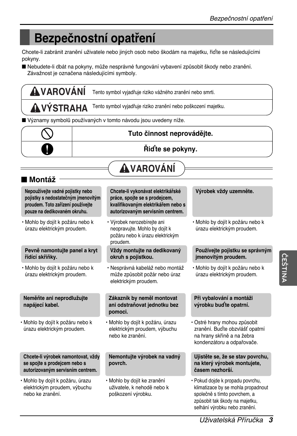 Bezpečnostní opatření, Varování výstraha, Varování | N montáž | LG ARNU24GSCL2 User Manual | Page 75 / 229