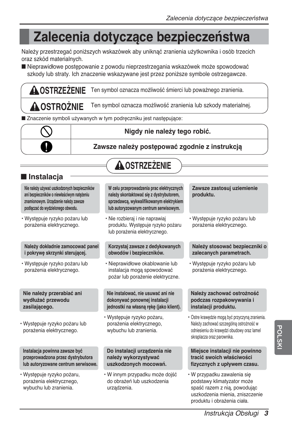 Zalecenia dotyczące bezpieczeństwa, Ostrzeżenie ostrożnie, Ostrzeżenie | N instalacja | LG ARNU24GSCL2 User Manual | Page 99 / 229