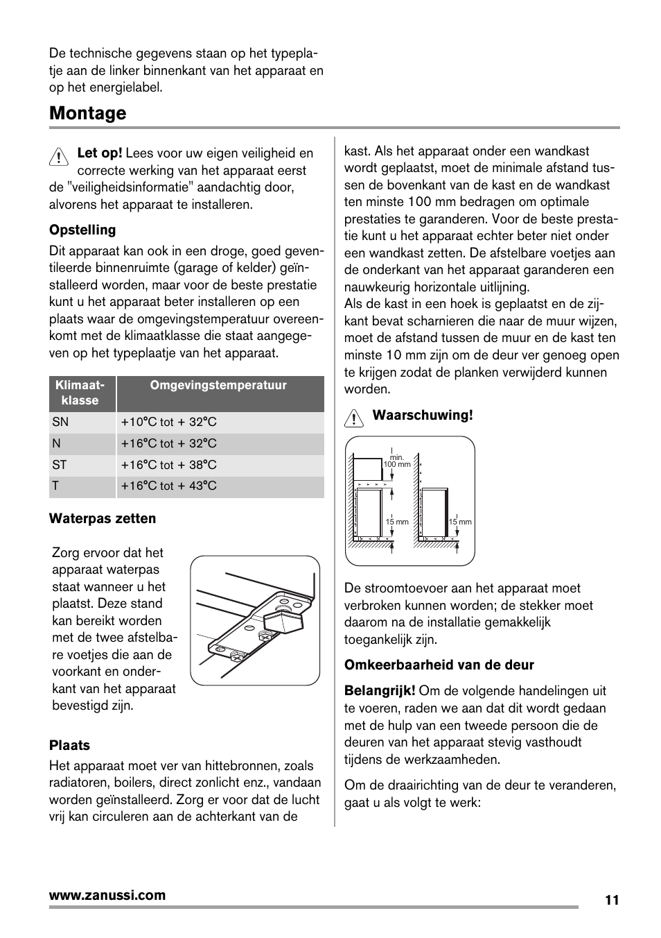 Montage | Zanussi ZRG716SW User Manual | Page 11 / 52