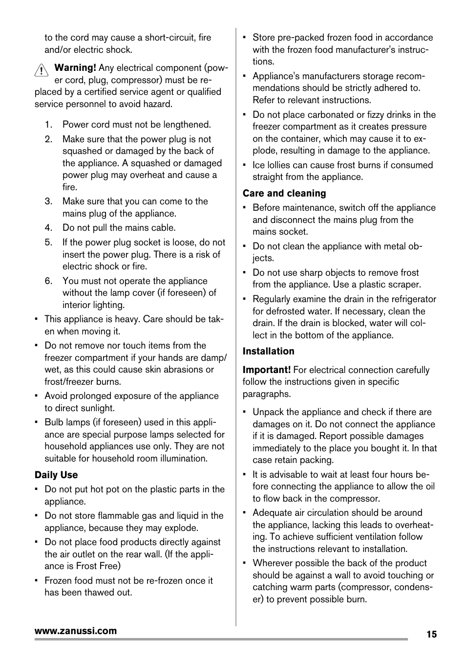 Zanussi ZRG716SW User Manual | Page 15 / 52
