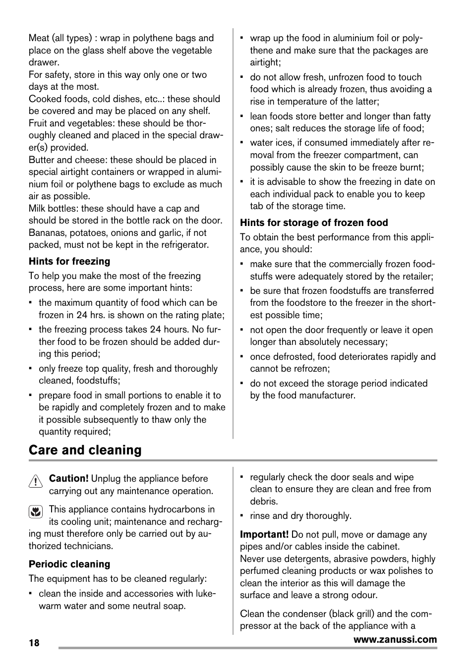 Care and cleaning | Zanussi ZRG716SW User Manual | Page 18 / 52