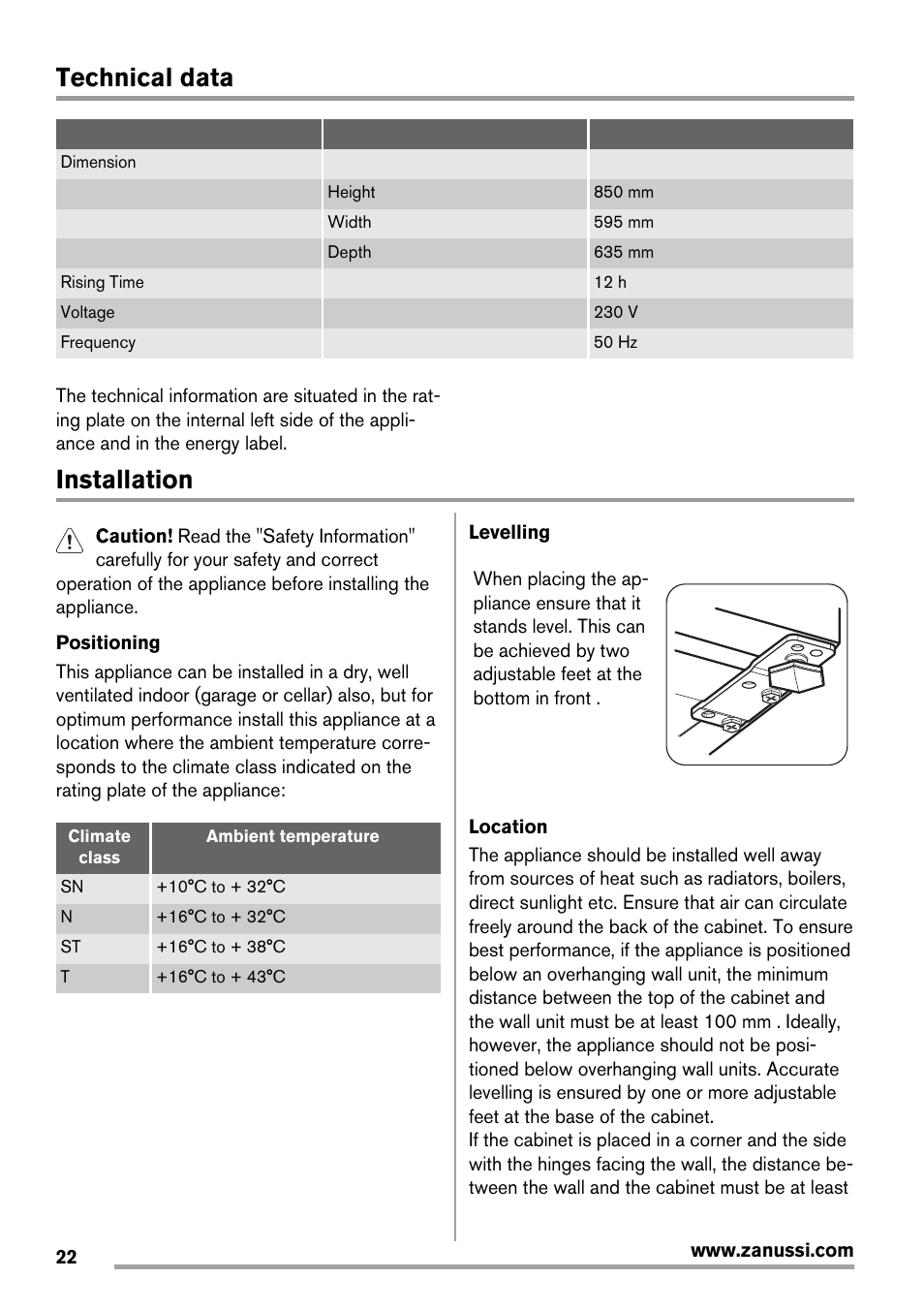 Technical data, Installation | Zanussi ZRG716SW User Manual | Page 22 / 52