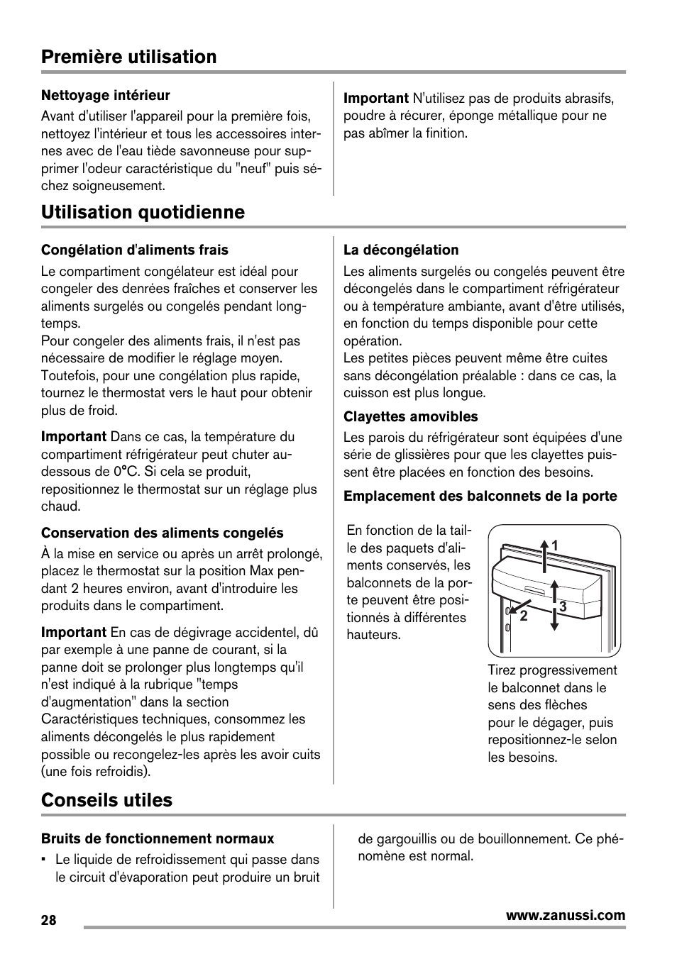 Première utilisation, Utilisation quotidienne, Conseils utiles | Zanussi ZRG716SW User Manual | Page 28 / 52