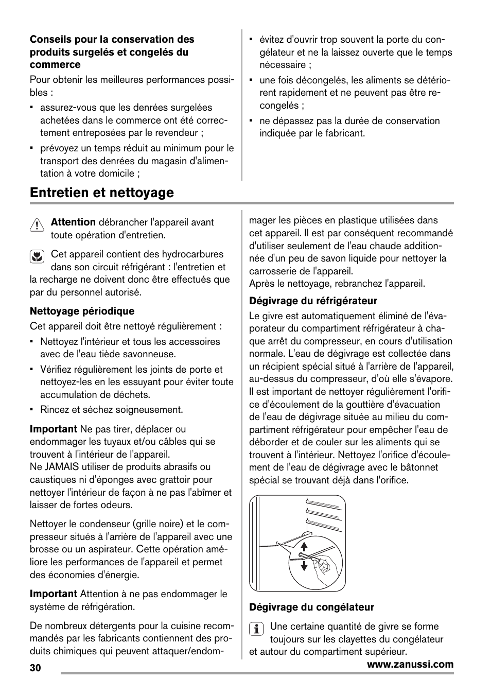 Entretien et nettoyage | Zanussi ZRG716SW User Manual | Page 30 / 52