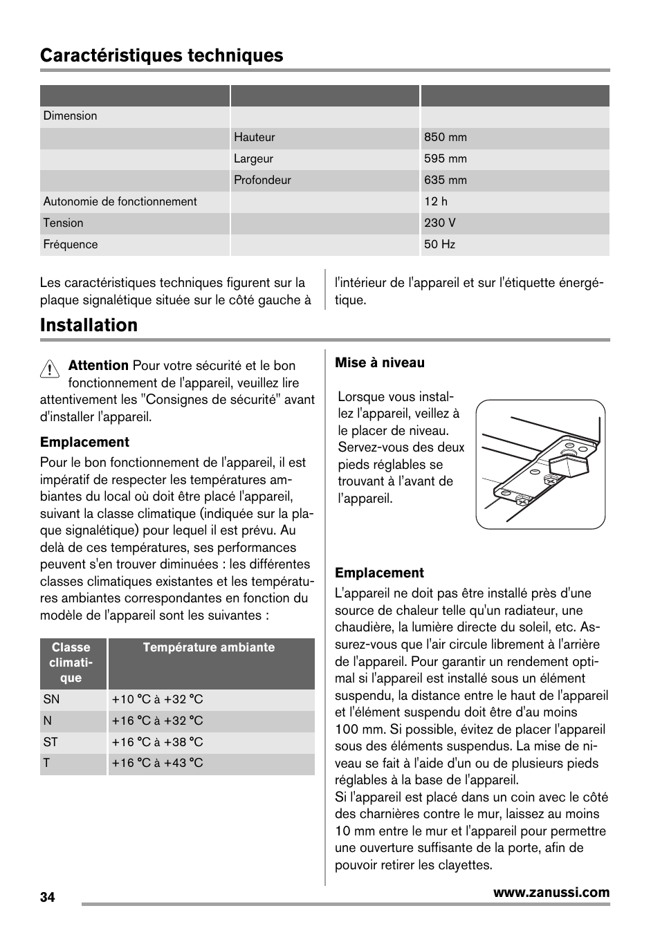 Caractéristiques techniques, Installation | Zanussi ZRG716SW User Manual | Page 34 / 52