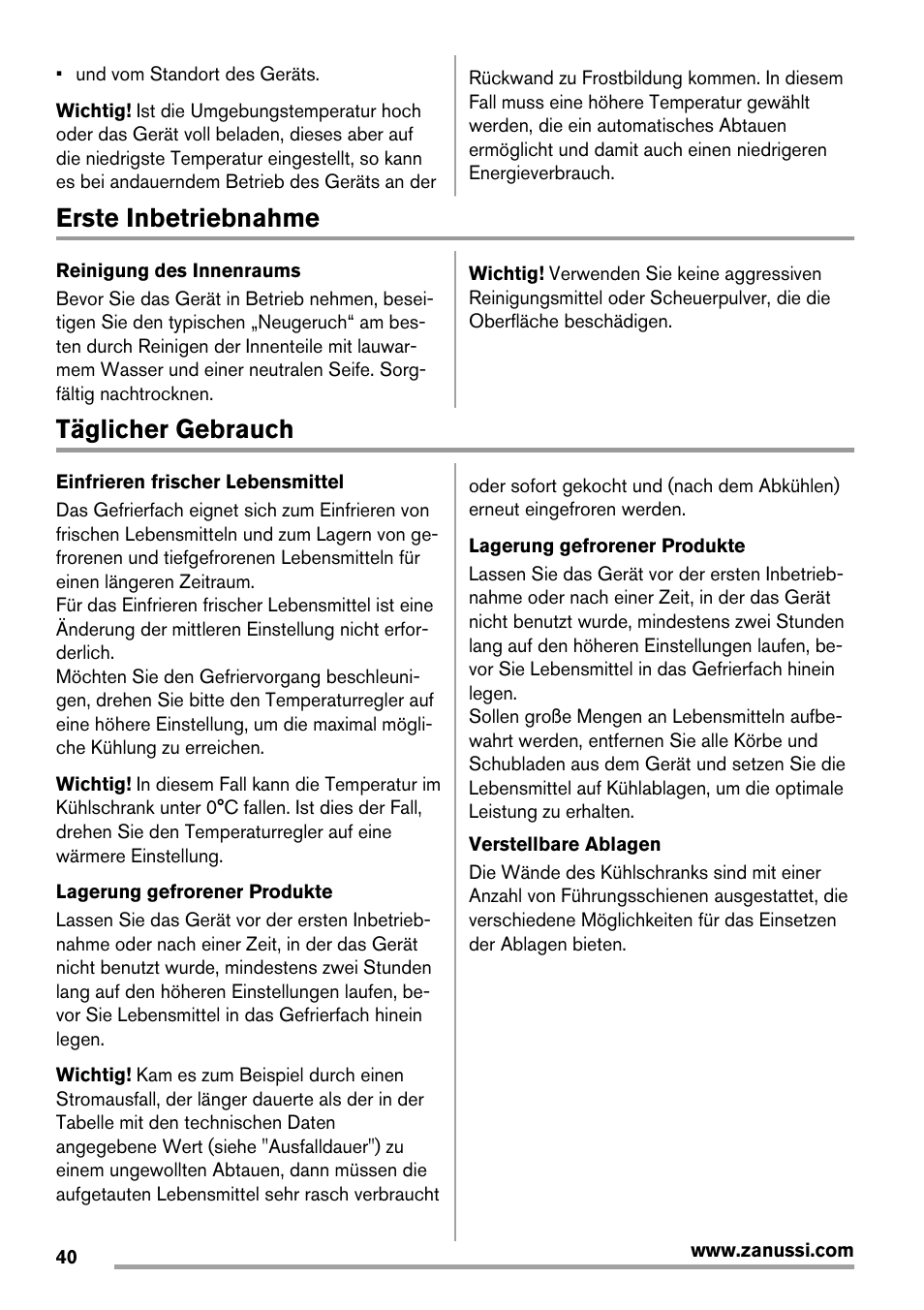 Erste inbetriebnahme, Täglicher gebrauch | Zanussi ZRG716SW User Manual | Page 40 / 52