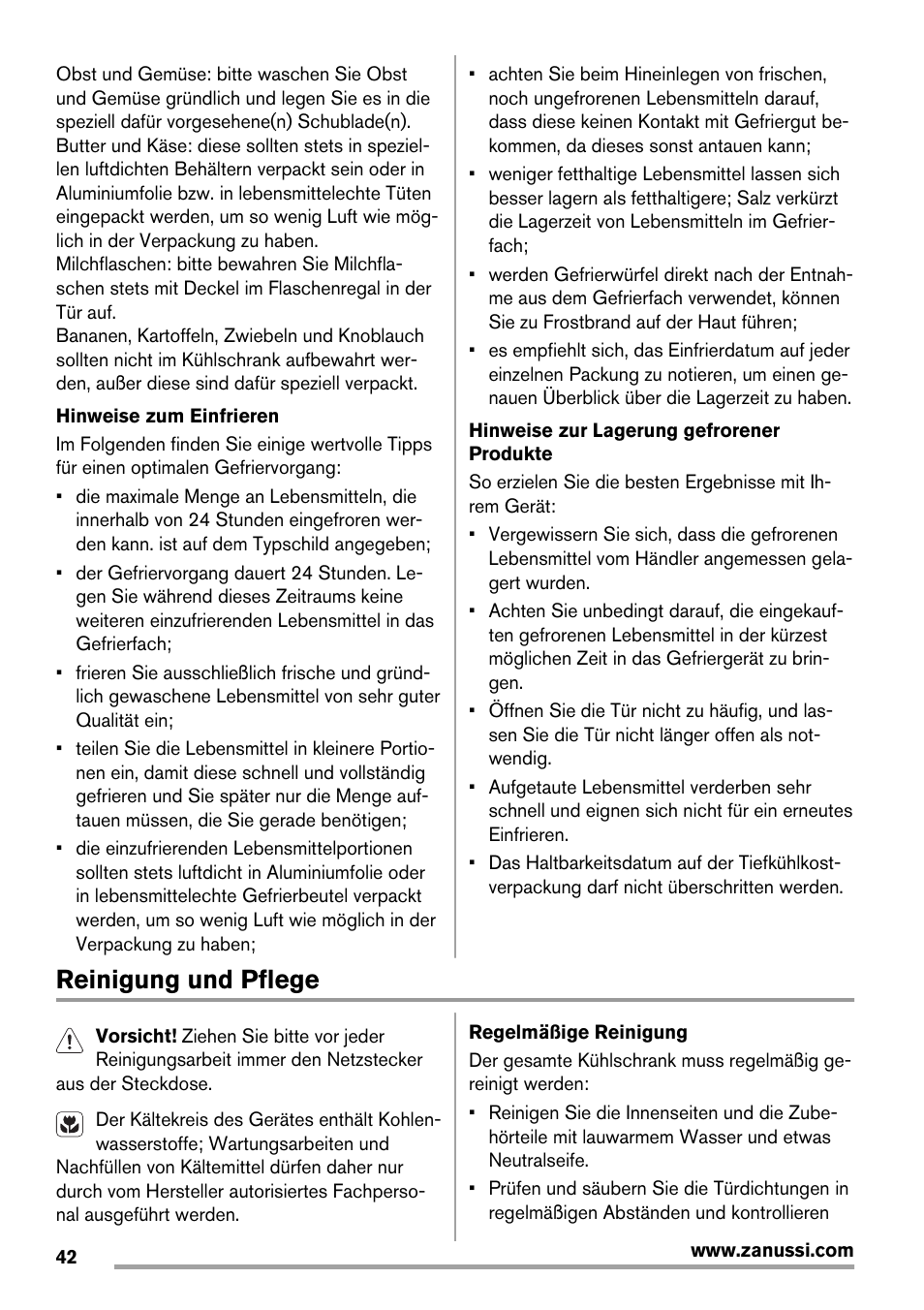 Reinigung und pflege | Zanussi ZRG716SW User Manual | Page 42 / 52