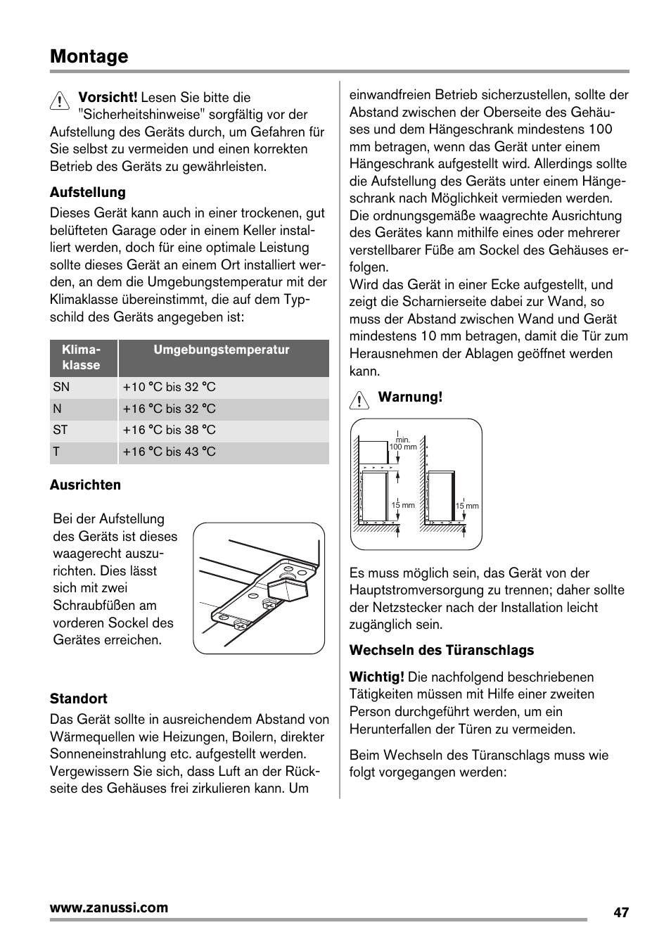Montage | Zanussi ZRG716SW User Manual | Page 47 / 52