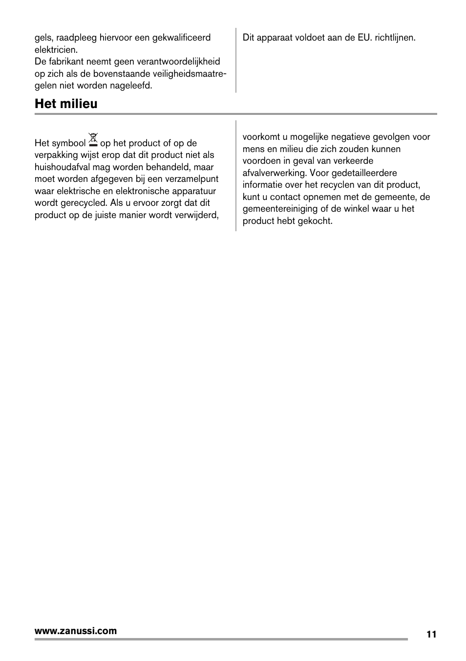 Het milieu | Zanussi ZRG718CW User Manual | Page 11 / 44