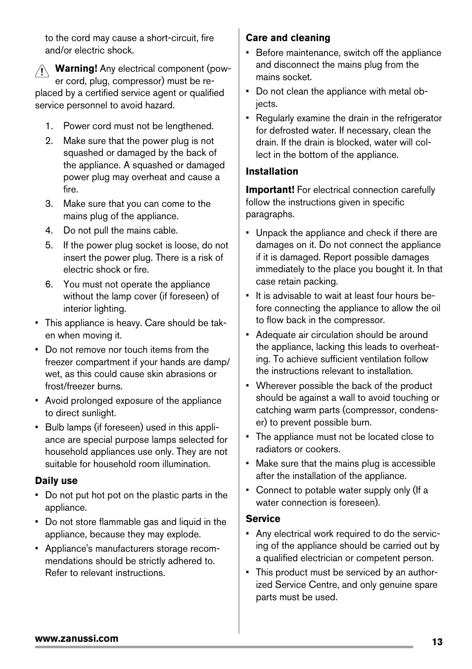 Zanussi ZRG718CW User Manual | Page 13 / 44