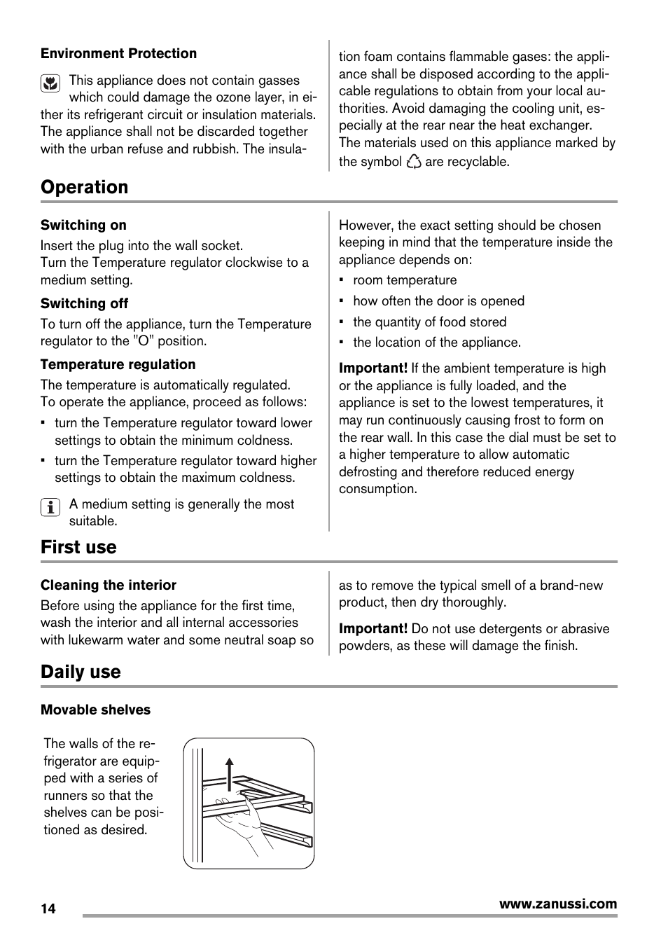 Operation, First use, Daily use | Zanussi ZRG718CW User Manual | Page 14 / 44