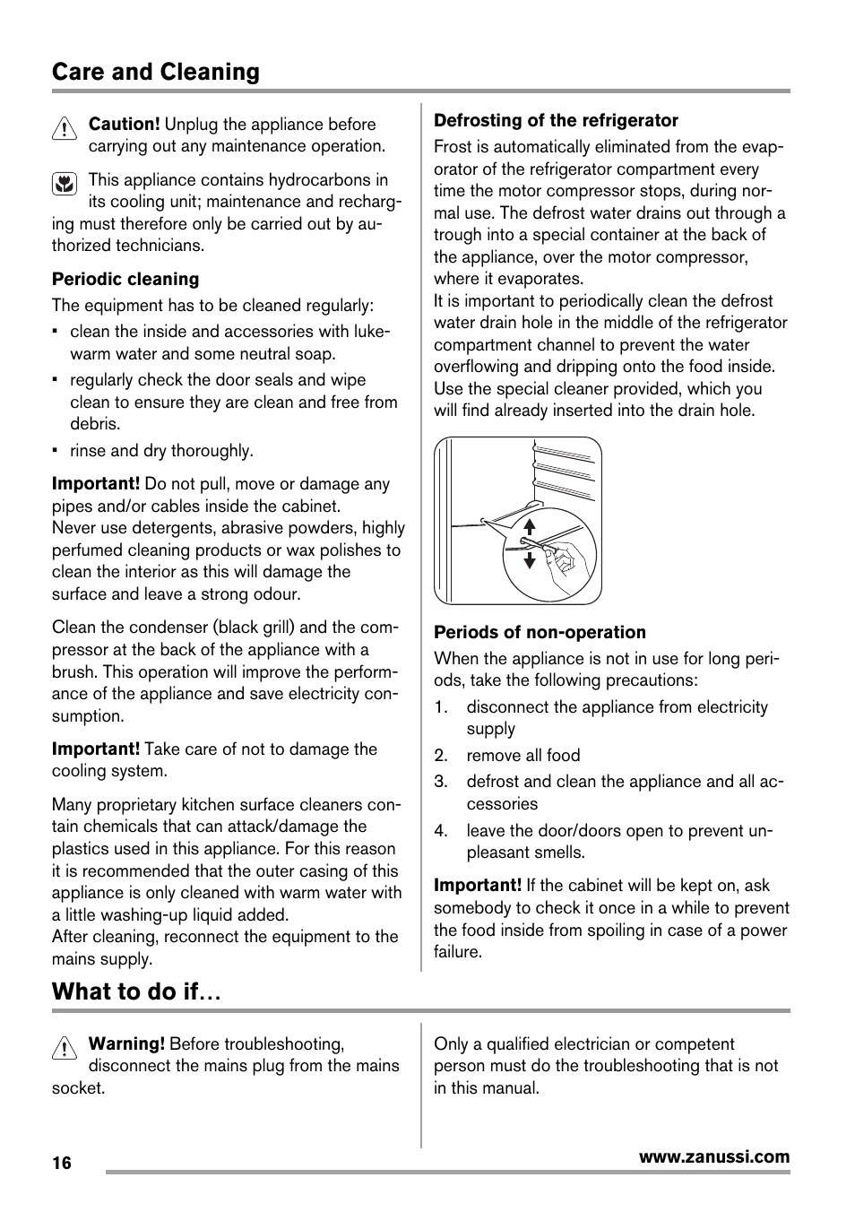 Care and cleaning, What to do if | Zanussi ZRG718CW User Manual | Page 16 / 44