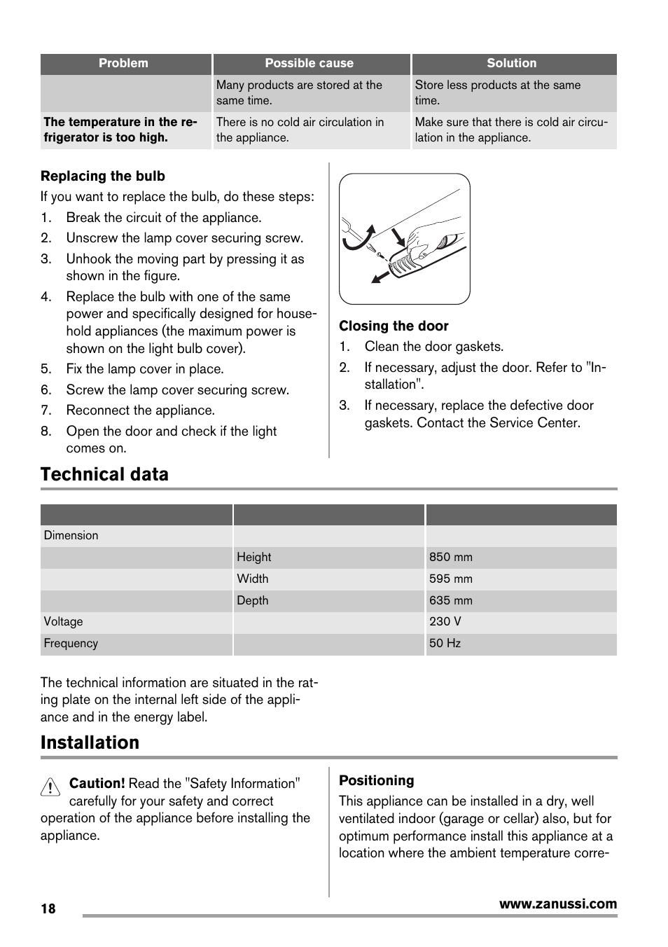 Technical data, Installation | Zanussi ZRG718CW User Manual | Page 18 / 44