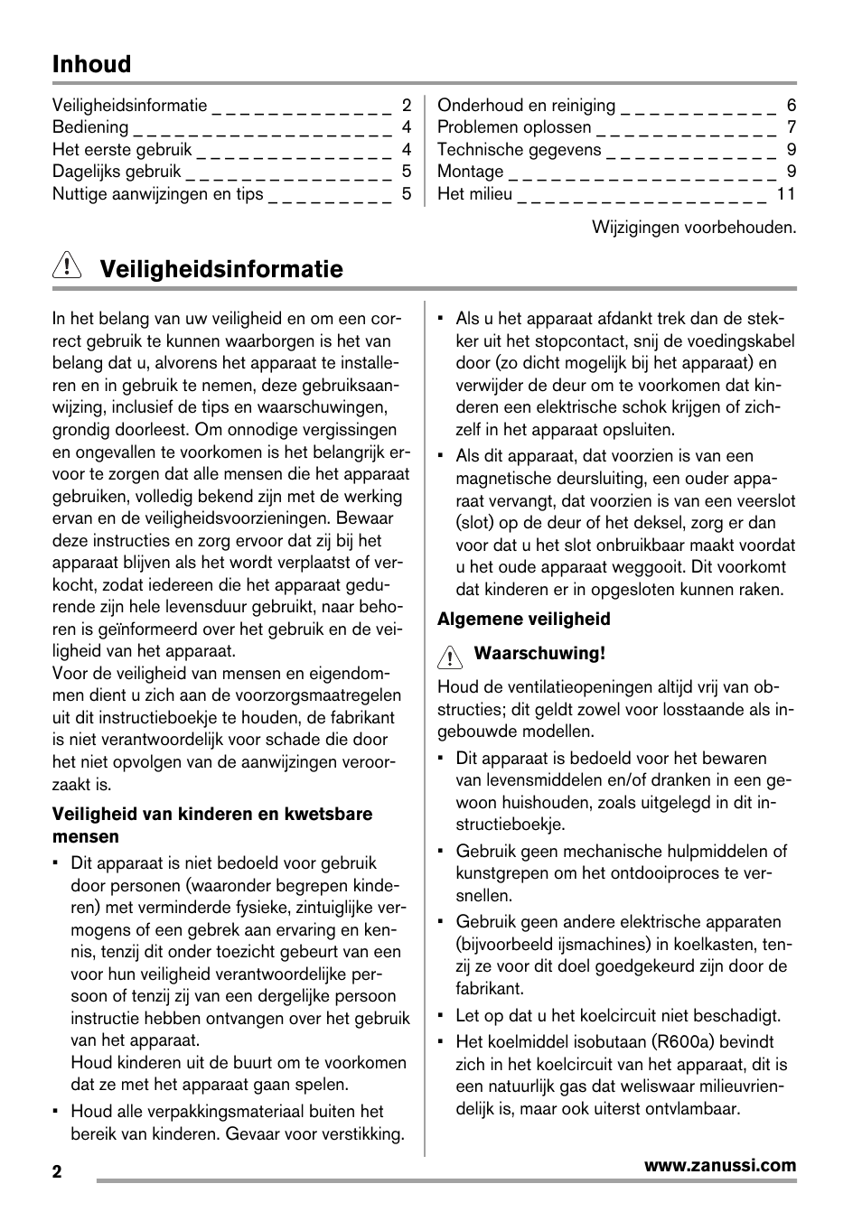 Inhoud, Veiligheidsinformatie | Zanussi ZRG718CW User Manual | Page 2 / 44