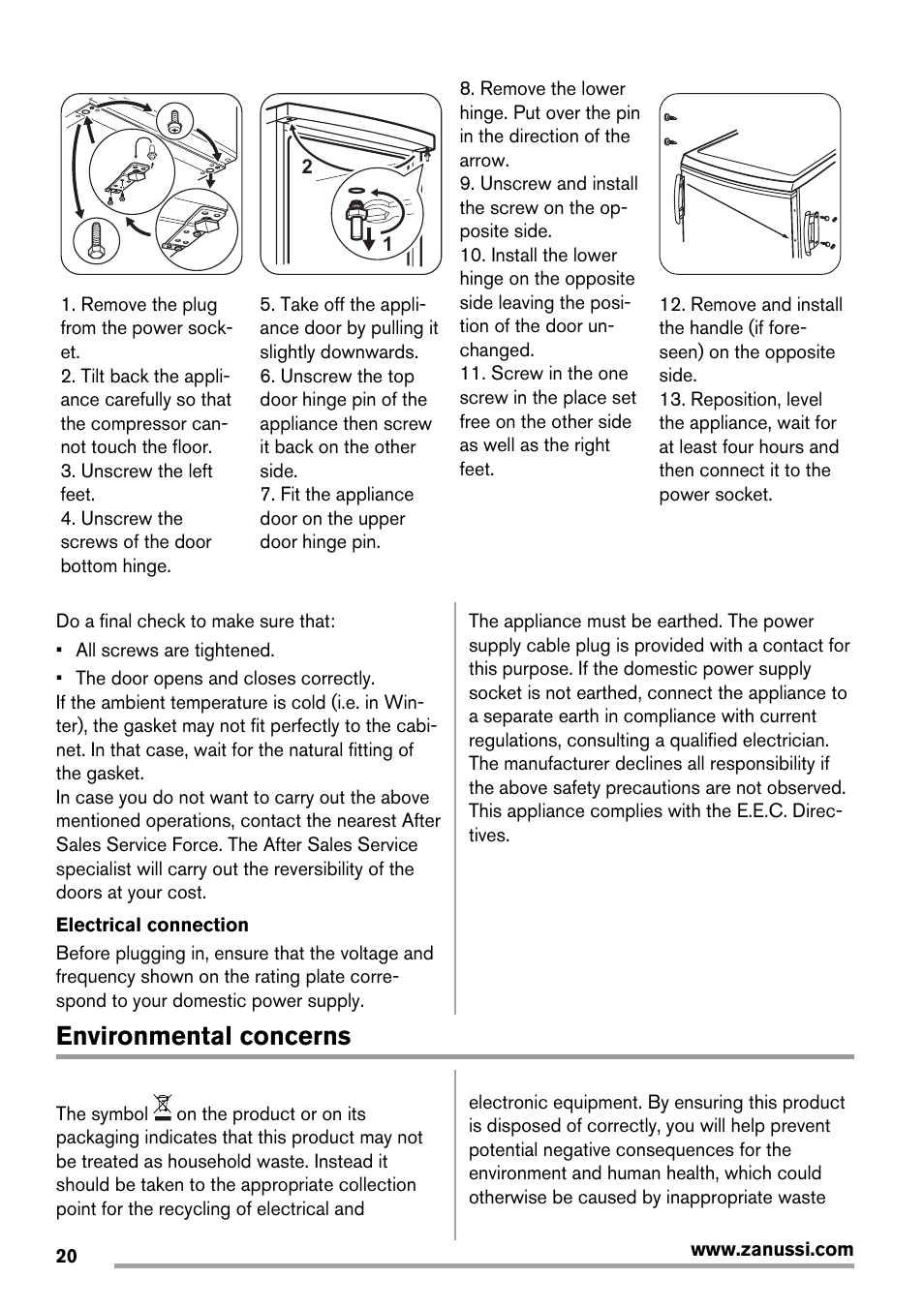 Environmental concerns | Zanussi ZRG718CW User Manual | Page 20 / 44