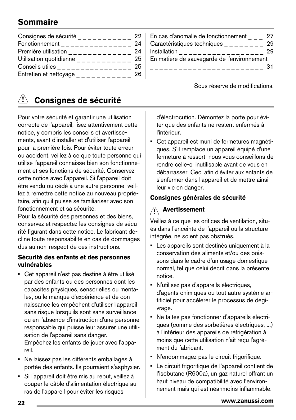 Sommaire, Consignes de sécurité | Zanussi ZRG718CW User Manual | Page 22 / 44
