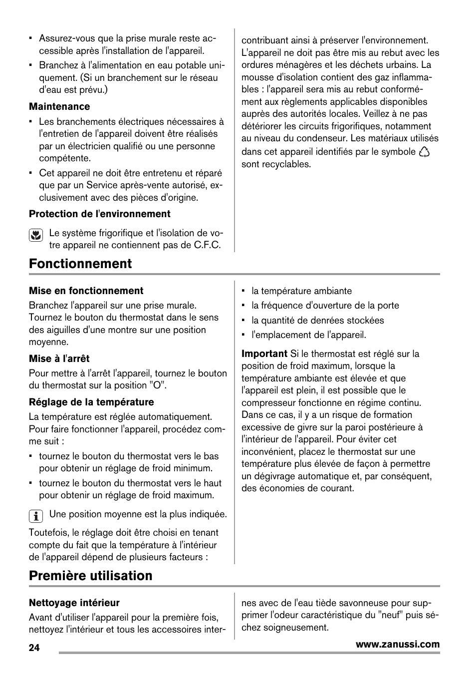 Fonctionnement, Première utilisation | Zanussi ZRG718CW User Manual | Page 24 / 44