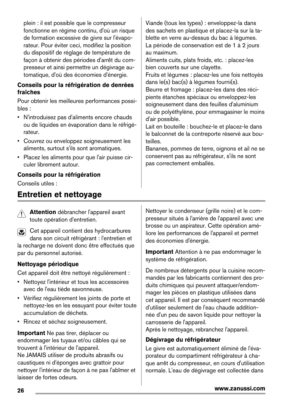 Entretien et nettoyage | Zanussi ZRG718CW User Manual | Page 26 / 44