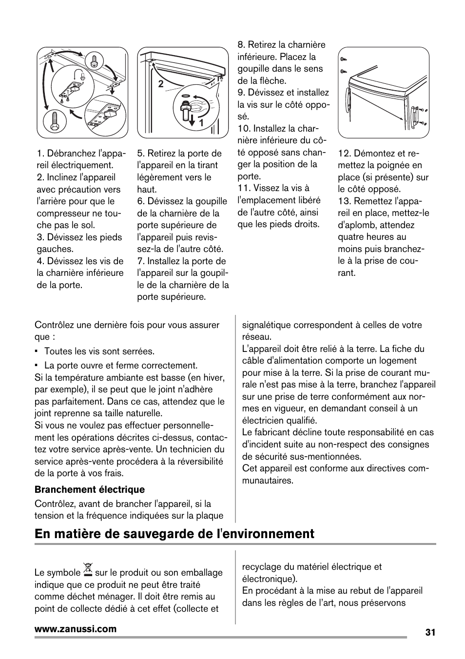 En matière de sauvegarde de l'environnement | Zanussi ZRG718CW User Manual | Page 31 / 44