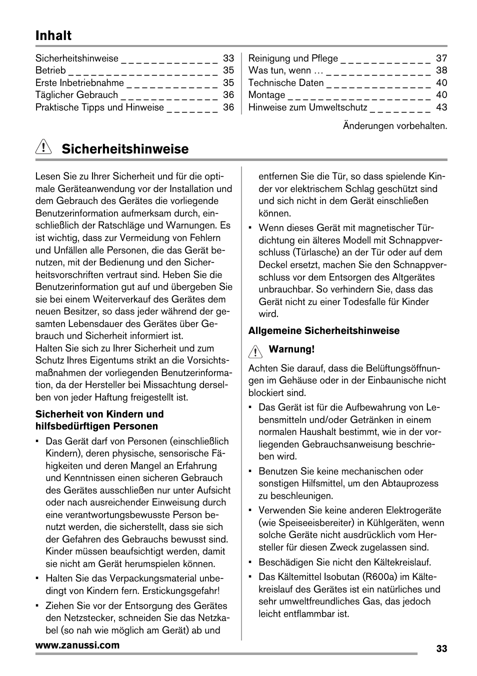 Inhalt, Sicherheitshinweise | Zanussi ZRG718CW User Manual | Page 33 / 44