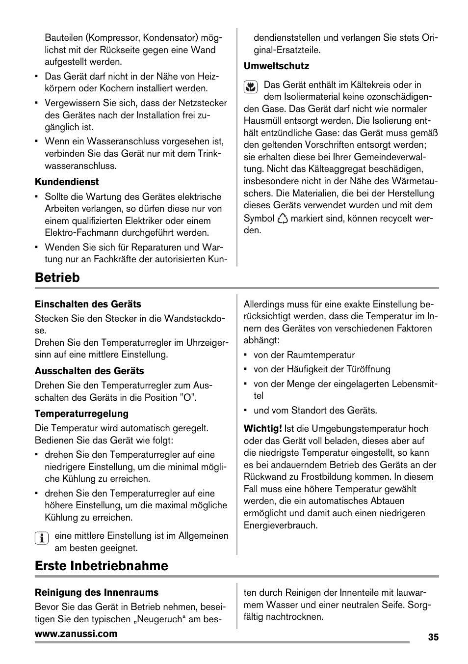 Betrieb, Erste inbetriebnahme | Zanussi ZRG718CW User Manual | Page 35 / 44