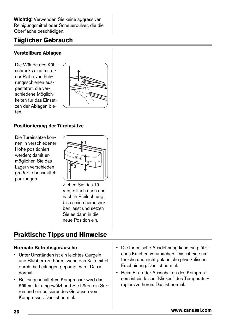 Täglicher gebrauch, Praktische tipps und hinweise | Zanussi ZRG718CW User Manual | Page 36 / 44