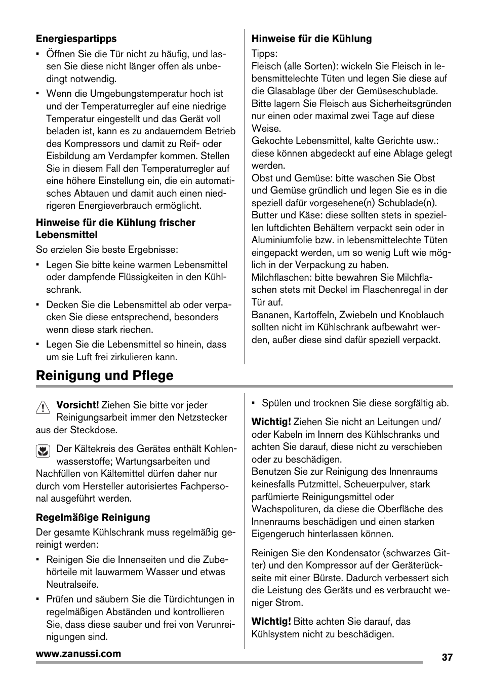 Reinigung und pflege | Zanussi ZRG718CW User Manual | Page 37 / 44