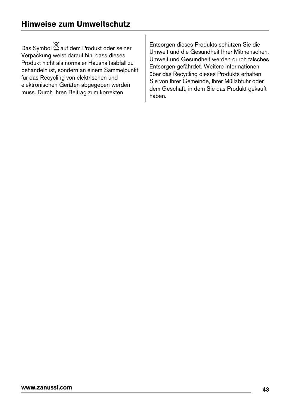 Hinweise zum umweltschutz | Zanussi ZRG718CW User Manual | Page 43 / 44
