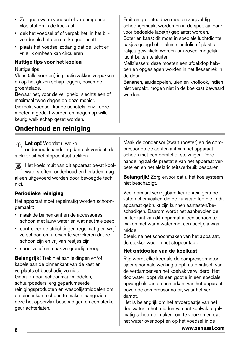 Onderhoud en reiniging | Zanussi ZRG718CW User Manual | Page 6 / 44