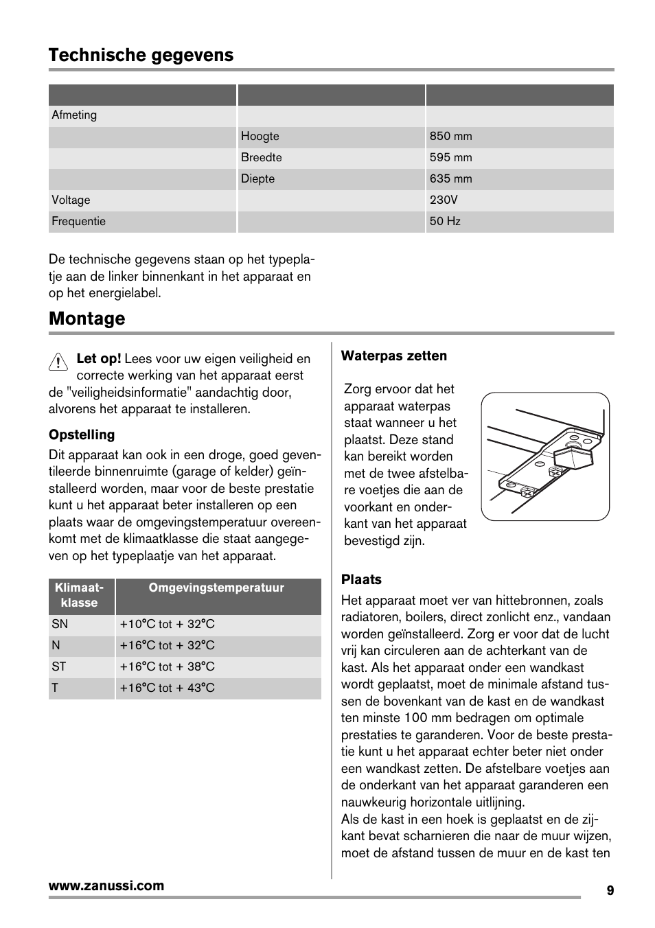 Technische gegevens, Montage | Zanussi ZRG718CW User Manual | Page 9 / 44