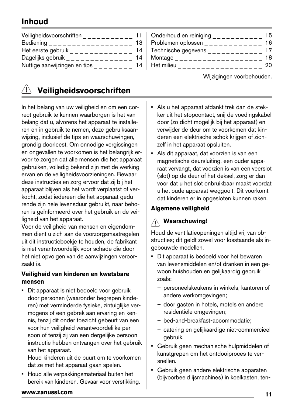 Inhoud, Veiligheidsvoorschriften | Zanussi ZRX407W User Manual | Page 11 / 52