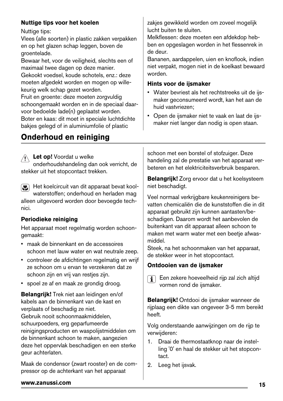 Onderhoud en reiniging | Zanussi ZRX407W User Manual | Page 15 / 52