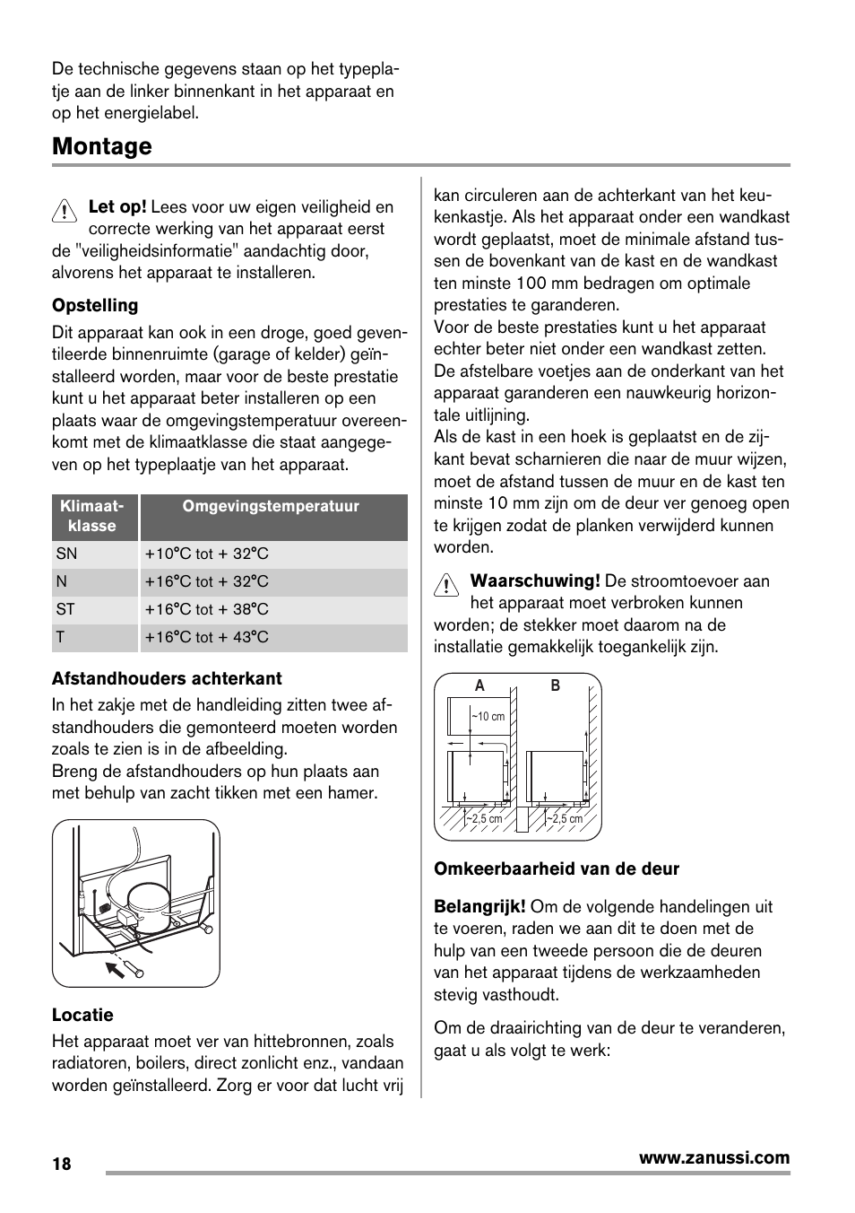 Montage | Zanussi ZRX407W User Manual | Page 18 / 52