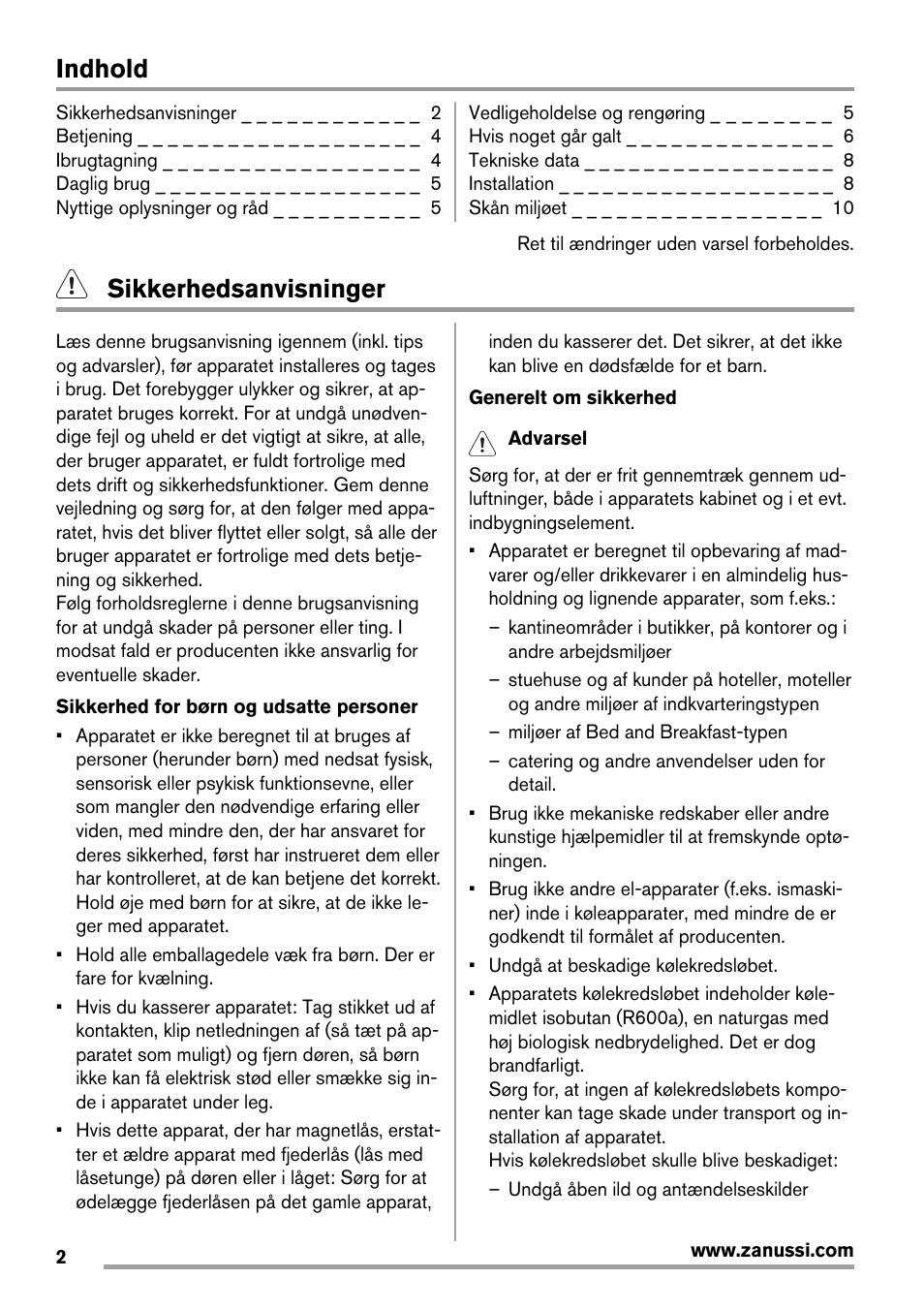 Indhold, Sikkerhedsanvisninger | Zanussi ZRX407W User Manual | Page 2 / 52