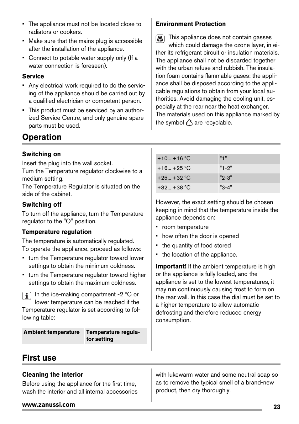 Operation, First use | Zanussi ZRX407W User Manual | Page 23 / 52