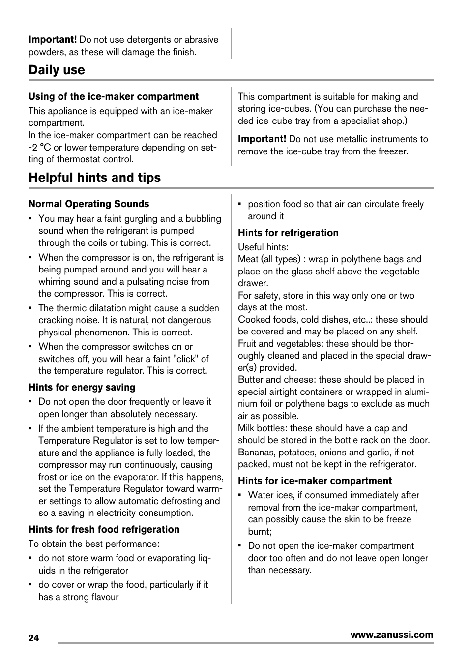 Daily use, Helpful hints and tips | Zanussi ZRX407W User Manual | Page 24 / 52
