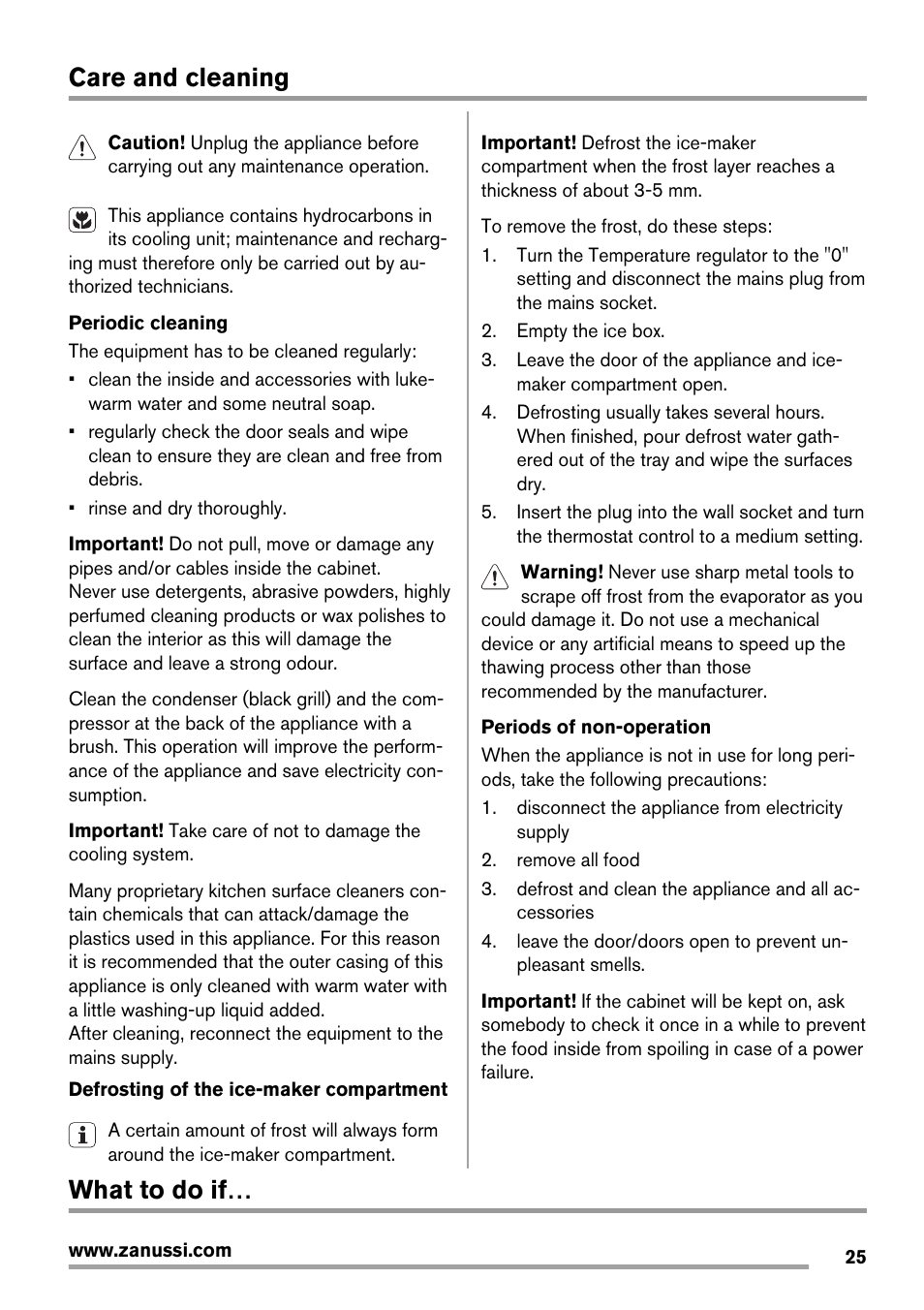 Care and cleaning, What to do if | Zanussi ZRX407W User Manual | Page 25 / 52