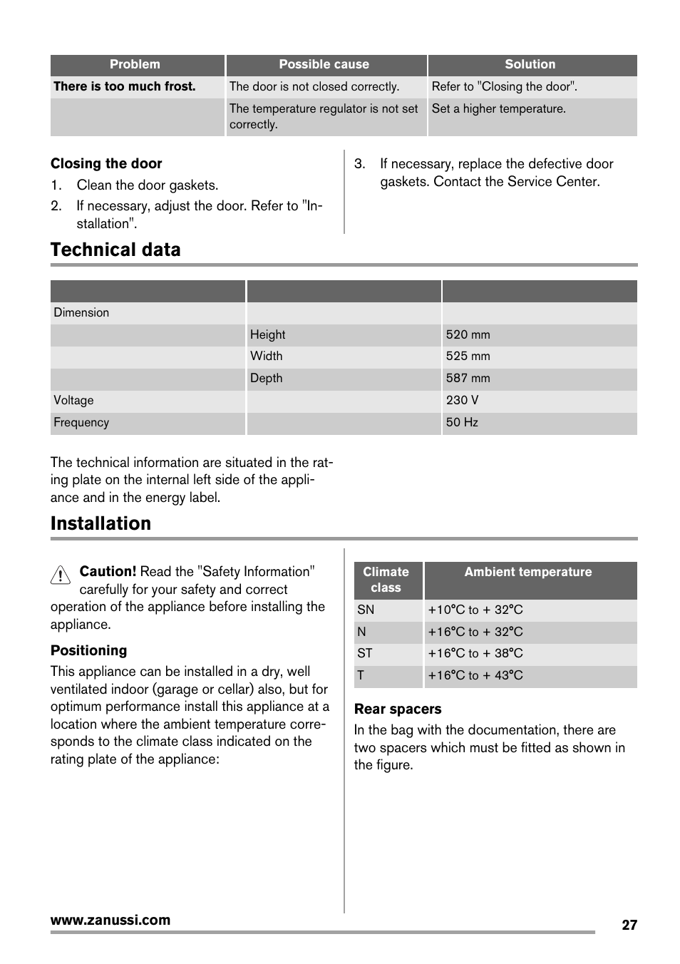 Technical data, Installation | Zanussi ZRX407W User Manual | Page 27 / 52