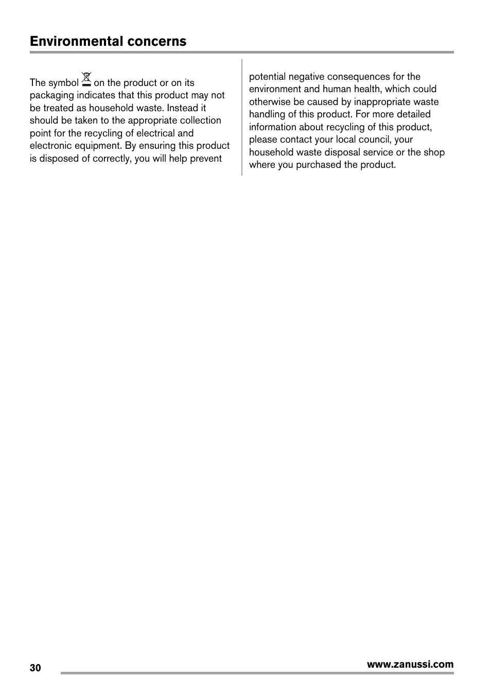 Environmental concerns | Zanussi ZRX407W User Manual | Page 30 / 52