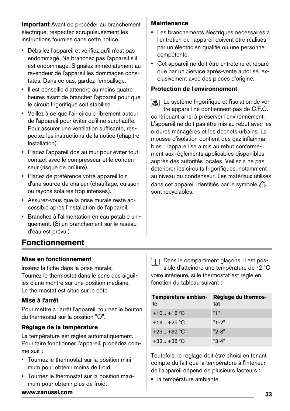 Fonctionnement | Zanussi ZRX407W User Manual | Page 33 / 52