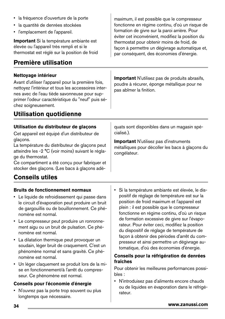 Première utilisation, Utilisation quotidienne, Conseils utiles | Zanussi ZRX407W User Manual | Page 34 / 52